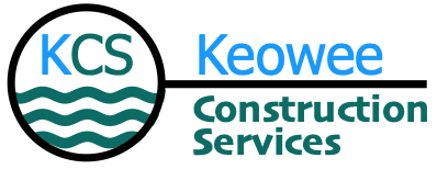 Logo for Keowee Construction Services featuring the letters "KCS" above teal wave graphics inside a circle, with "Keowee Construction Services" written in blue and green text to the right.
