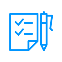 Blue outline icon of a checklist with two checkmarks next to lines on a sheet of paper, and a pen beside the paper, on a light gray background.