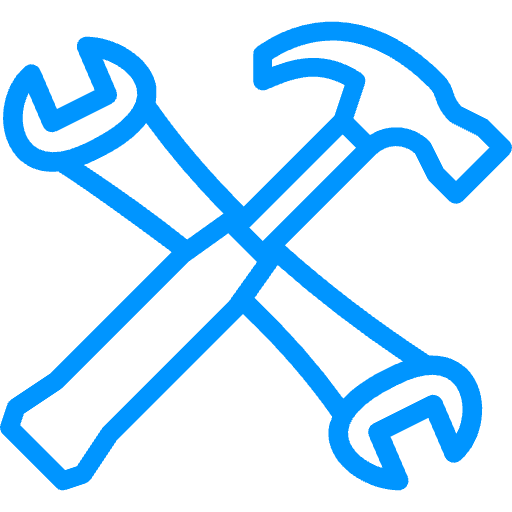 Blue outline of a wrench and a hammer crossed over each other on a light gray background.