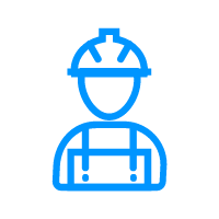 Blue line drawing of a construction worker wearing a hard hat and overalls, shown from the shoulders up, on a plain light gray background.