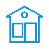 Simple blue outline of a house with a round window above a square window and a rectangular door, all on a light gray background.