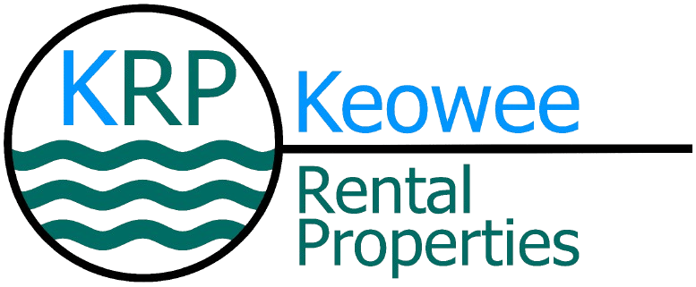 Logo for Keowee Rental Properties. The left side features the letters "KRP" above four wavy green lines inside a circle. To the right, "Keowee" is written in blue, with "Rental Properties" in green below.