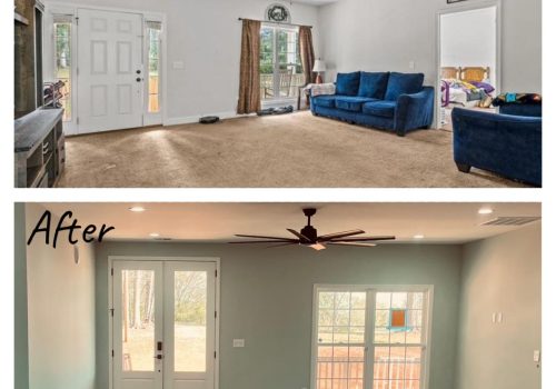A side-by-side comparison of a living room before and after renovation. The "before" image has carpet, old furniture, and clutter; the "after" shows hardwood floors, fresh paint, and a bright, open, modern space.